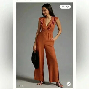 NWT Anthropologie V-Neck Ruffle Jumpsuit Orange Sz LP